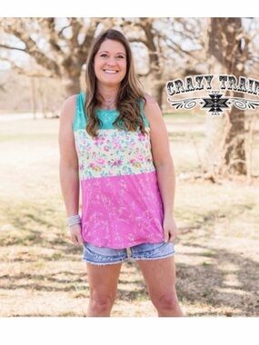 Crazy Train Teal Floral & Hot Pink Block Tank